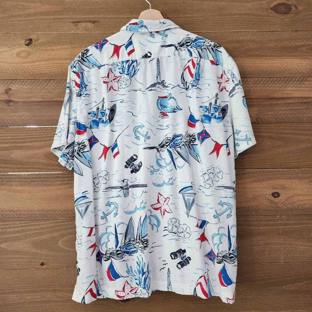 J. Crew‎ short sleeve button front Hawaiian shirt white blue mens size XL boats